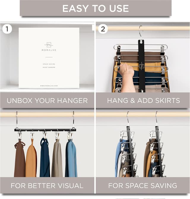 Thumbnail 6 de MORALVE Skirt Hangers with Clips (European Beechwood) – Space-Saving 5-Tier Hanger, 2 Pack with 360° Swivel Hook