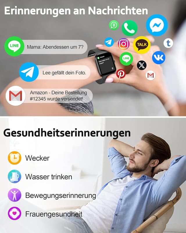 Detalle de Popglory Smartwatch P125 mit Telefonfunktion – Gesundheitsmonitor, 1,85" HD-Display & Fitnessuhr