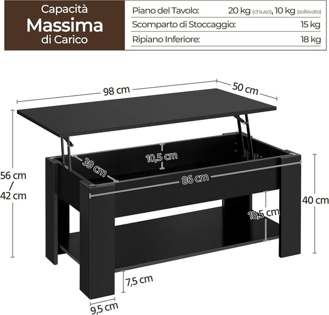Detalle de Yaheetech Tavolino da caffè sollevabile elevabile per divano con ripiano inferiore 98 x 50 x 42-56 cm nero