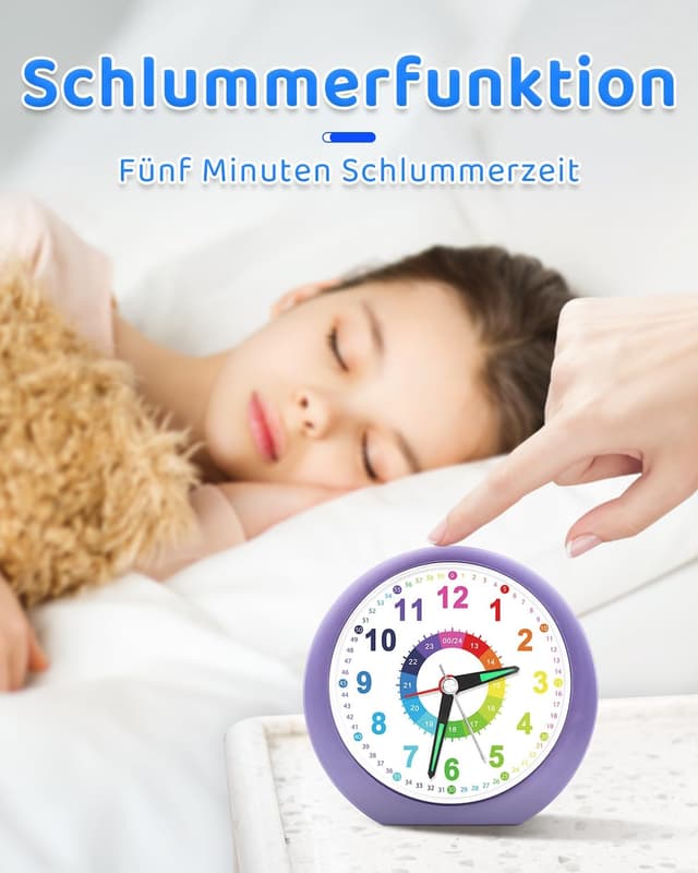 Detalle de Ayybboo Kinderwecker ohne Ticken mit Snooze und Nachtlicht – analoger Quarzwecker für Kinder (Lavendel)