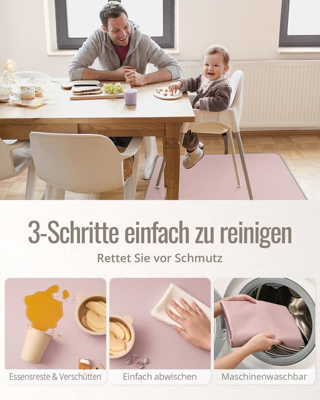 Detalle de Blissful Diary Baby-Spritzschutzmatte für unter den Hochstuhl (128 x 128 cm), abwischbar, wasserdicht & rutschfest – zartrosa