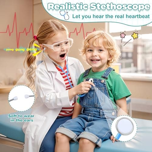 Detalle de Perbabe Maletín médico de madera con estetoscopio real y kit de rol (32 piezas) para niños