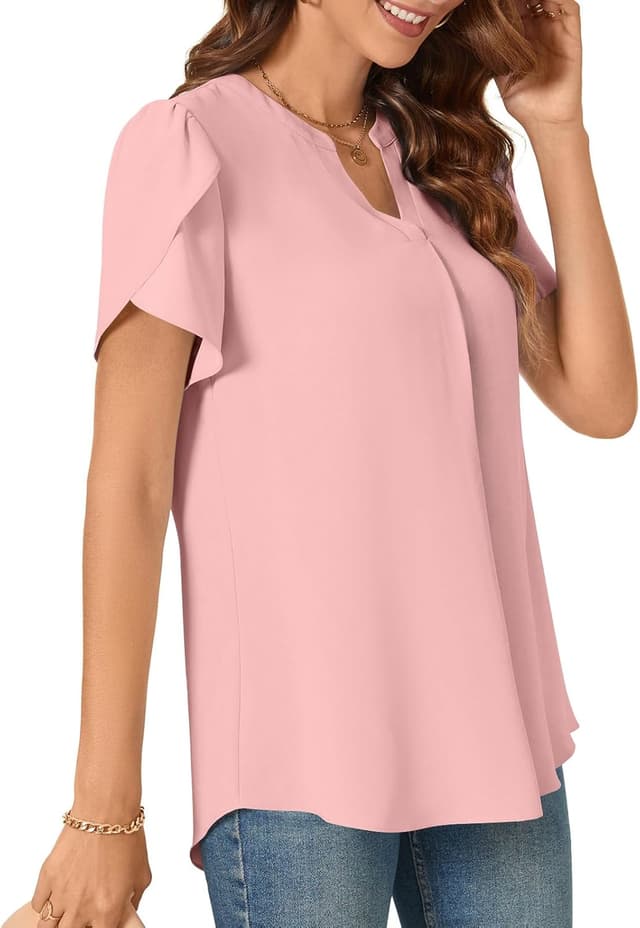 Detalle de TAOHUADAO women’s chiffon V-neck petal short-sleeve top for leggings and jeans