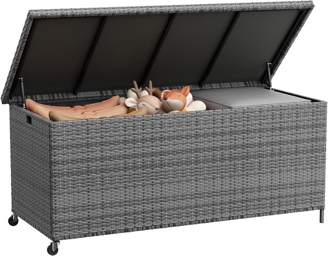 Detalle de UDPATIO Gartenbox wasserdicht 480 l mit Rollen – Auflagen-/Kissenbox für Terrasse, Balkon & Garten in Grau