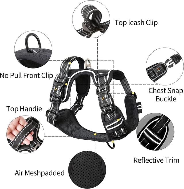 Detalle de HEELE Hundegeschirr ohne Zug (No-Pull) mit reflektierenden Streifen, Schwarz – einstellbar, gepolsterter Griff, Größe S