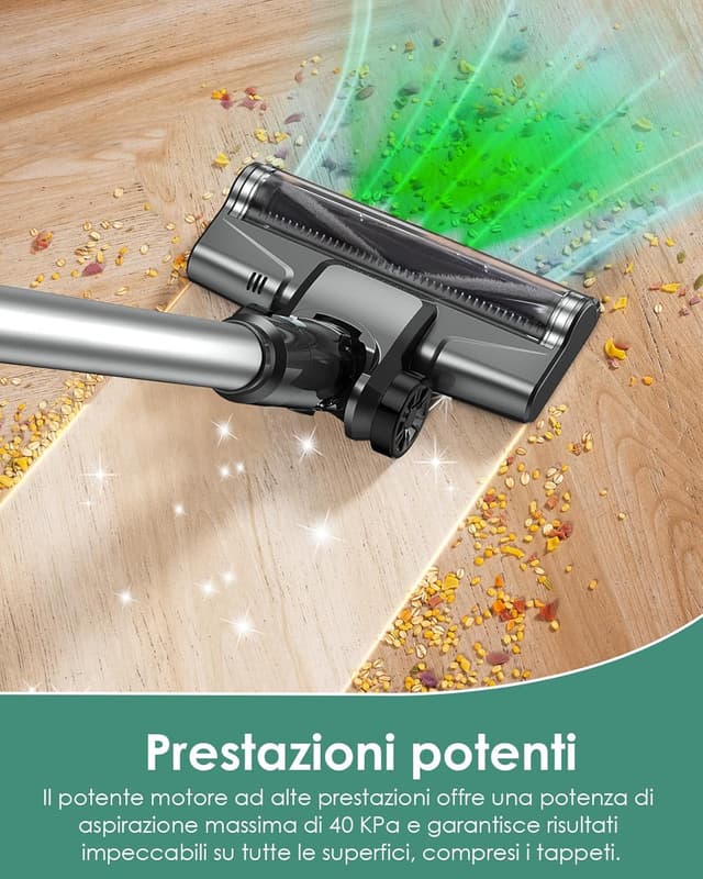 Detalle de VersLife S7PRO aspirapolvere senza fili 500W, 40KPA, fino a 45 minuti, display LED e luci frontali verdi