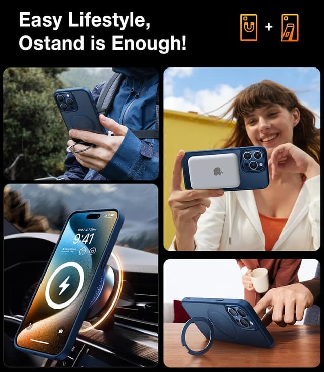Detalle de TORRAS Magnetic Ostand for iPhone 15 Pro Max (6.7") Case with MagSafe, Built-in Kickstand, Blue Titanium