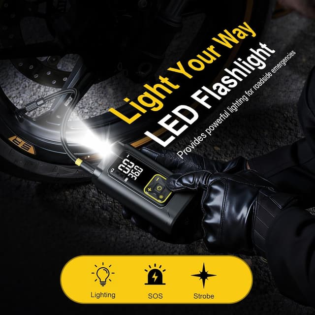 Detalle de Philoent Portable Tire Inflator (150PSI) with Digital Gauge, LED Light, and Auto Shut-Off