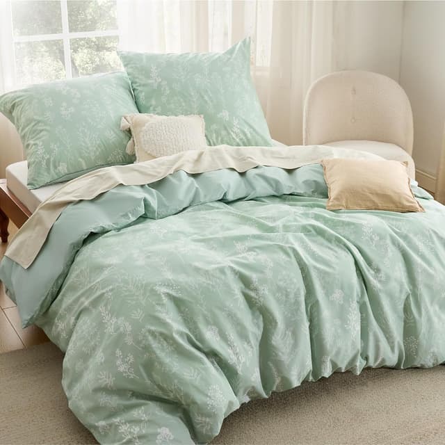 Detalle de BEDSURE Wendebettwäsche 200x200 aus Baumwolle grün (3-teilig) mit Reißverschluss