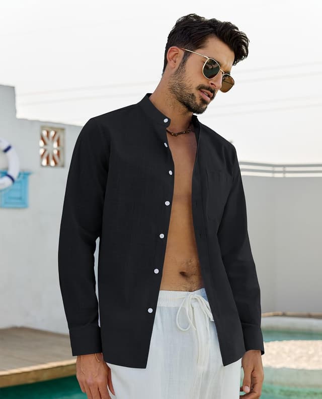 Detalle de J.VER Leinenhemd Herren Langarm Stehkragen mit Tasche – Regular Fit für Sommer & Freizeit