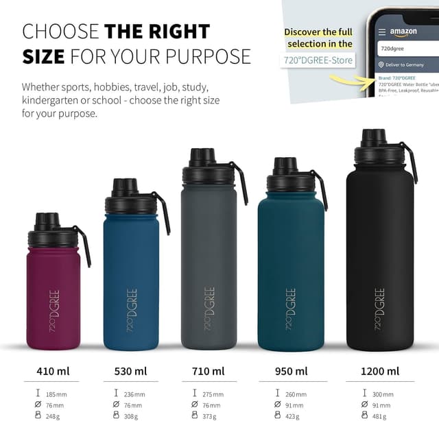 Detalle de 720°DGREE noLimit Borraccia termica doppia parete in acciaio inox (410–1200 ml) con tappo sportivo