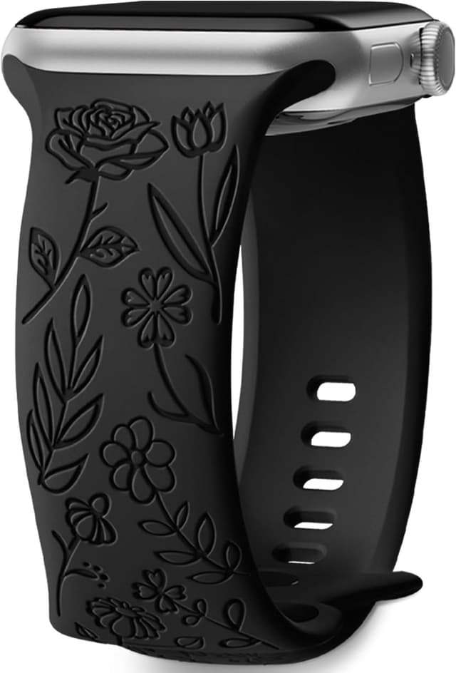 Detalle de Mastten Floral Engraved Strap for Apple Watch (38mm/40mm/41mm/42mm) — Rose Floral Soft Silicone Band, Black