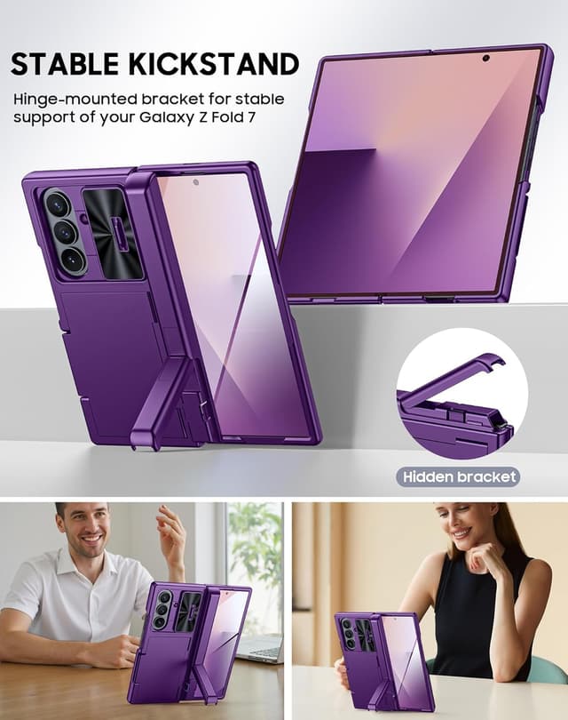Detalle de Vizvera for Samsung Galaxy Z Fold 7 Case with RFID Wallet, Stand & HD Tempered Glass (Purple)