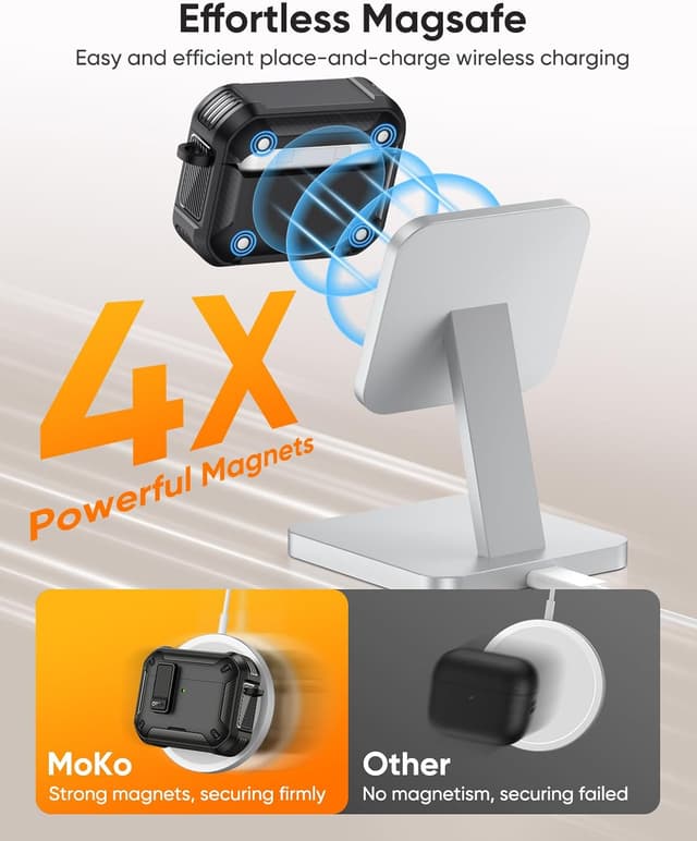 Detalle 2 de MoKo AirPods Pro 3 Case with Lock (2025) – MagSafe Compatible, Phone Stand & Cleaning Kit, Black