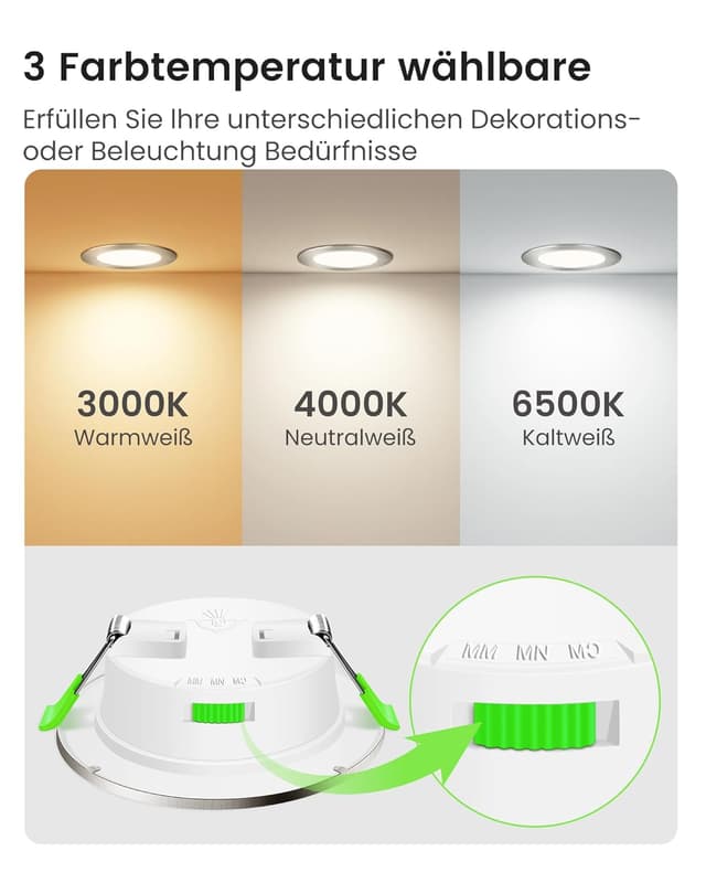 Detalle de ALUSSO LED Einbaustrahler 230V IP44, 4 W dimmbar – 6er Set (Lochmaß 55–68 mm), 3 Farbtemperaturen