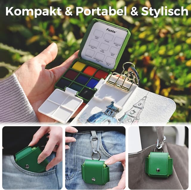 Detalle de Funto Faltbares Taschen-Wasserfarben-Set mit 2 Paletten und Lederhülle (9 Farben) – Reise-Skizzenkit