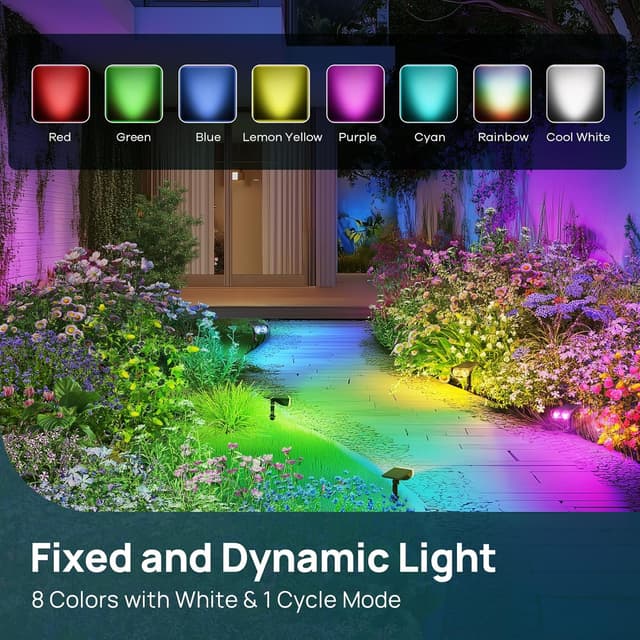 Detalle de Linkind Colour Changing Solar Lights RGBW Solar Spotlight (9 Colours) IP65, Ground Stake Uplighter – 2 Pack