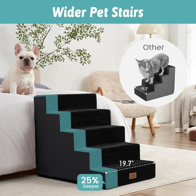 Detalle de COZY KISS wide dog stairs with 5 tiers (75x50x60cm) in black – non-slip pet steps for bed, sofa and car