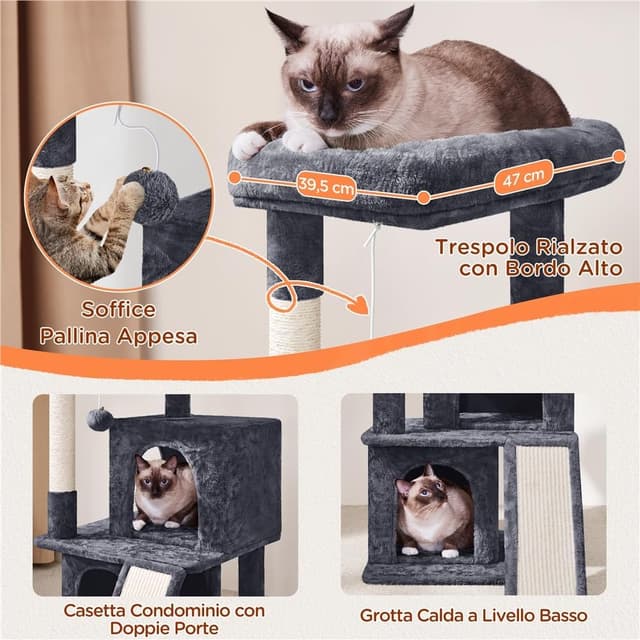 Detalle de Yaheetech Tiragraffi Albero per Gatti con Trespolo Grande su 3 Livelli, Grigio Scuro (49 x 45,5 x 91 cm)