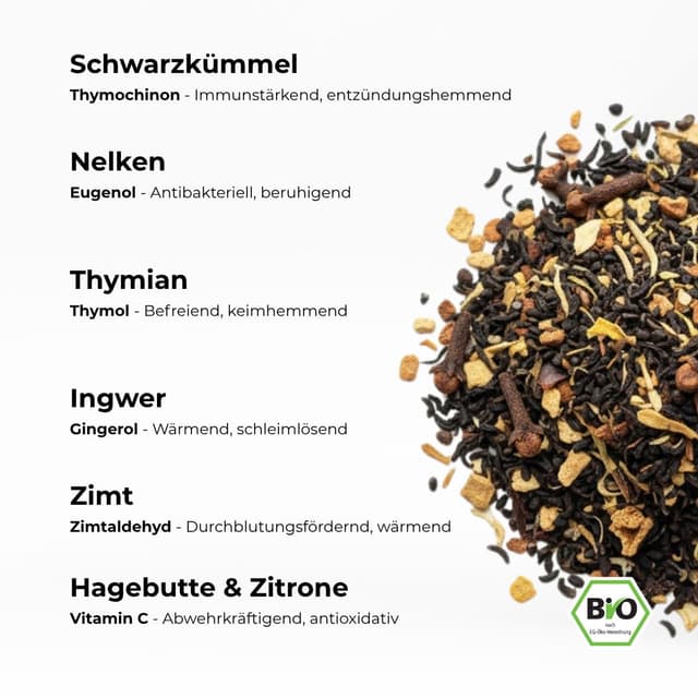 Detalle 2 de Nigela Schwarzkümmel Tee „Immun“ – loser Winter-Kräutertee mit Schwarzkümmel, Thymian & Nelken (100 g)
