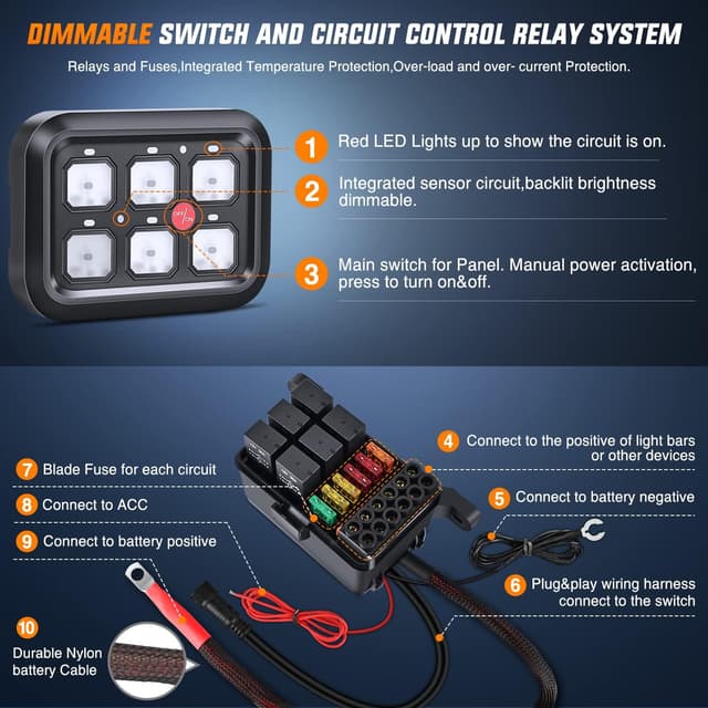 Detalle 2 de Nilight 6 Gang Switch Panel — Universal Wiring Harness
