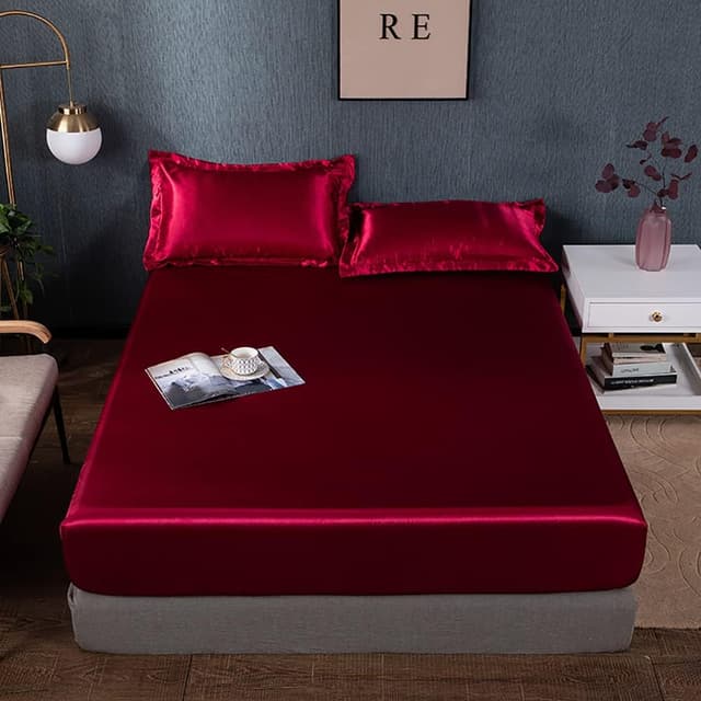 Detalle 2 de Drap-housse satin 160x200 avec bonnet 30 cm Michorinee – Rouge vin, polyester microfibre