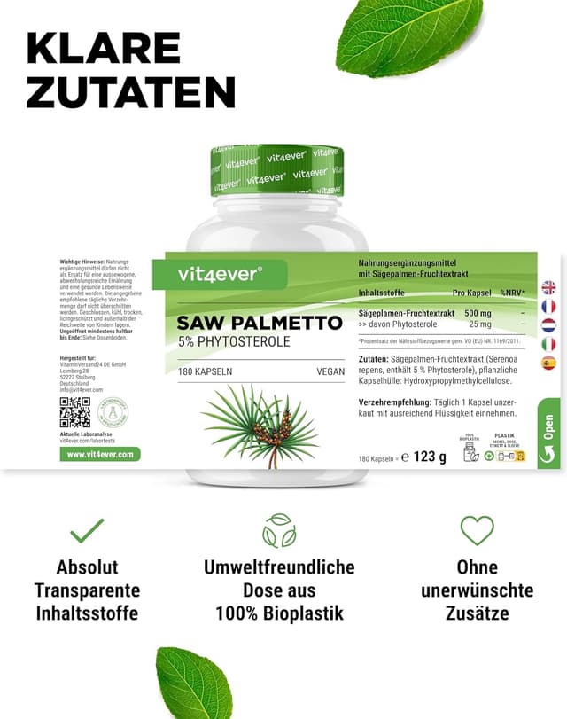 Detalle de Saw Palmetto Extrakt 500 mg – 180 Kapseln, 5% Phytosterole (vegan)