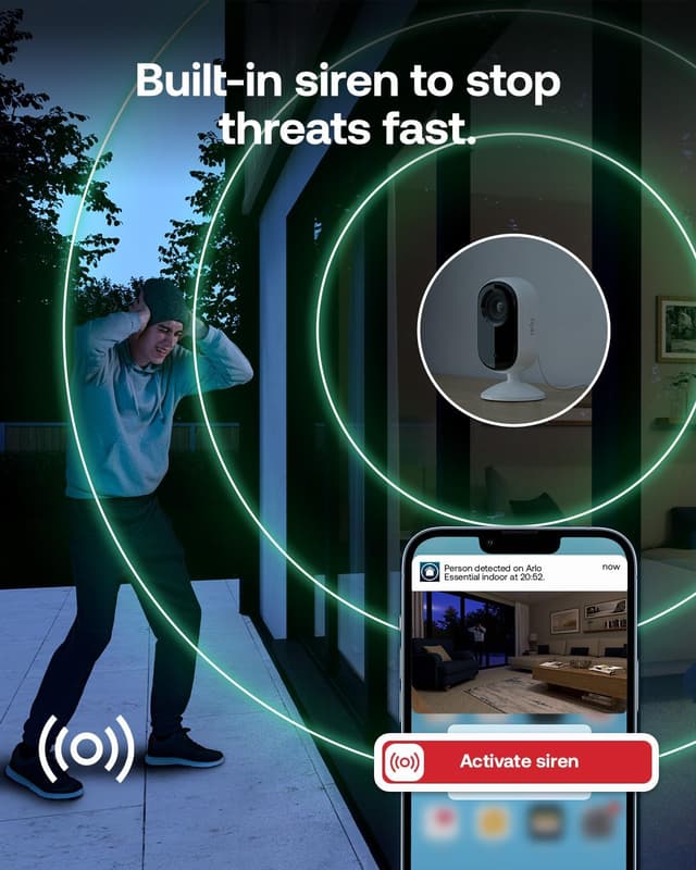 Detalle de Arlo Essential 3 HD Indoor Wired Security Camera (2-pack) with Auto Privacy Lens Cover, Night Vision & Smart Siren