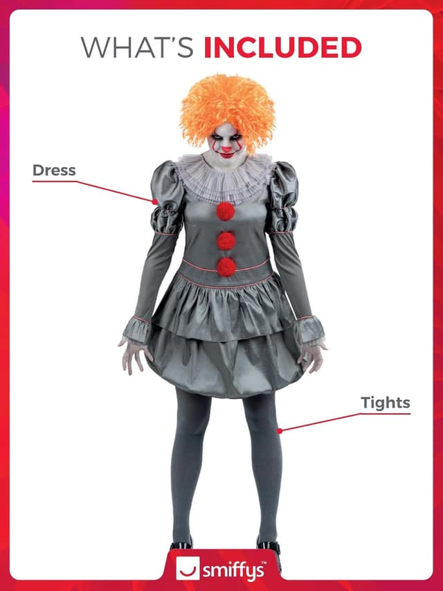 Detalle de Smiffys IT Chapter Two Pennywise Kostüm für Erwachsene – Kleid grau mit Nackenrüschen & Strumpfhosen, offiziell lizenziert