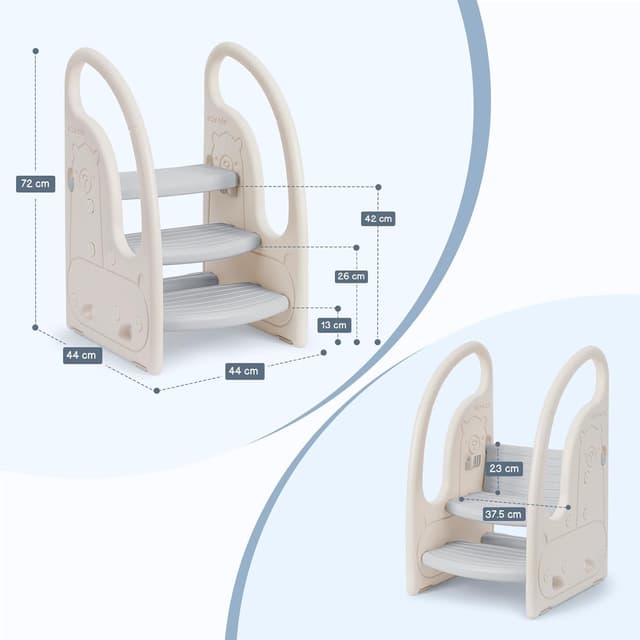 Detalle de Onasti Tritthocker für Kinder – dreistufiger höhenverstellbarer Tritt-Schemel mit Handlauf, Anti-Rutsch (ca. 1,5 bis 6 Jahre, grau)