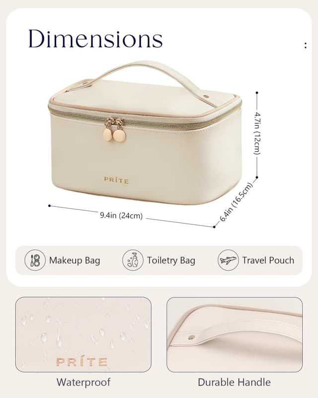 Detalle de Prite Large Makeup Bag for Women – Waterproof PU Quilted Travel Toiletry Case in Beige