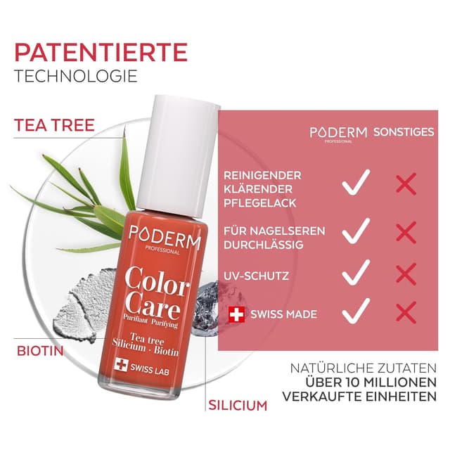 Detalle de PODERM TEEBAUM-Nagellack Color Care Mango – 2-in-1 Pflege & Farbergebnis für gelbe oder brüchige Nägel