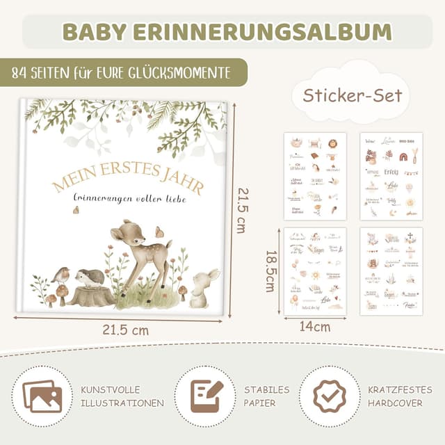 Detalle de Mein erstes Jahr Babyalbum zum Selbstgestalten – Baby-Fotoalbum mit 84 Seiten und Stickern (Hirschmuster)