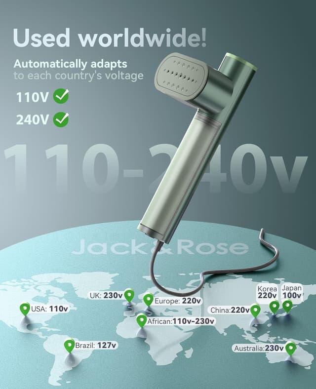 Detalle de Jack & Rose dual-voltage travel clothes steamer (100–240V) with 15s heat-up and 2-in-1 dry/wet ironing