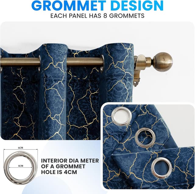 Detalle 2 de Ystyle rideau occultant en velours marine, lot de 2 panneaux 117x137 cm (anti-chaleur, anti-bruit)