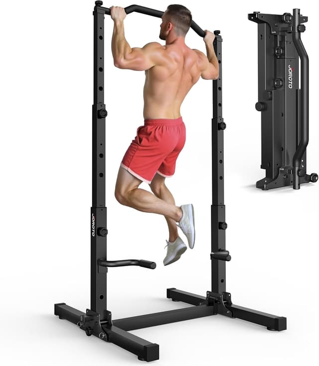 Detalle de JOROTO Foldable Power Tower Pull Up Bar Station – Height Adjustable 5-in-1 Dip Workout Stand (172kg capacity)