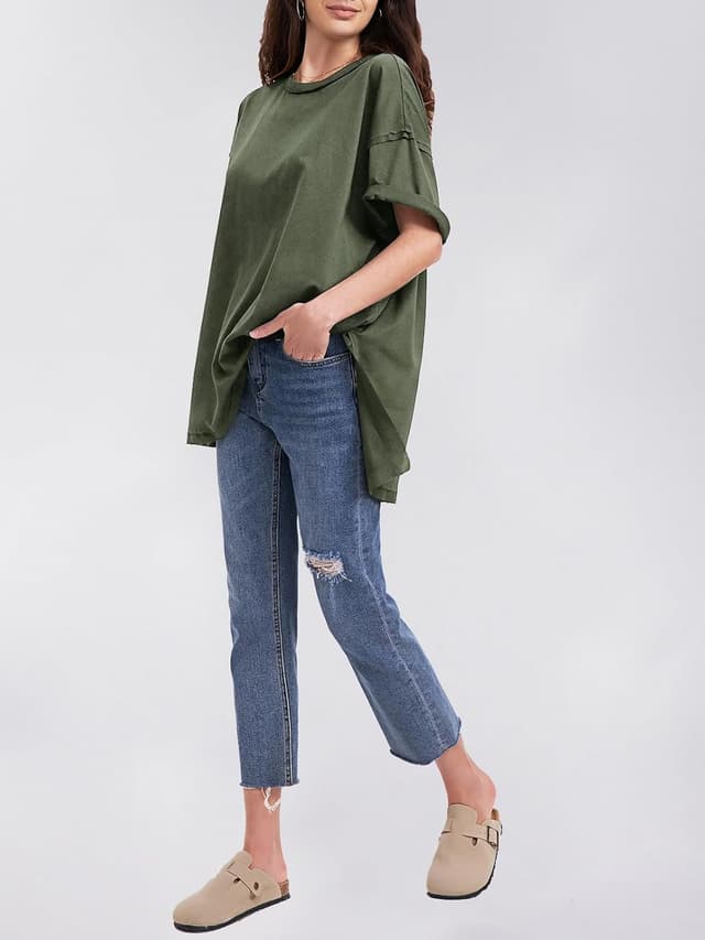 Detalle de EXLURA Women’s Oversized Summer T-Shirts (2026) — Crewneck Maternity & Workout Tunic