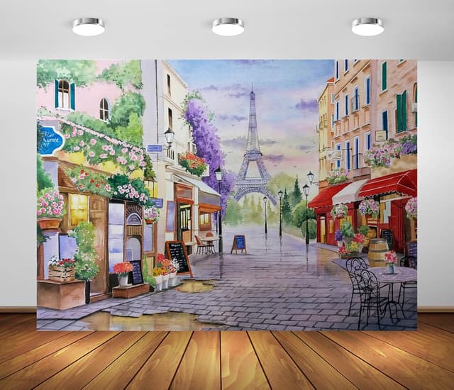 Detalle de BELECO Aquarellgemälde mit Eiffelturm, Paris-Blue – Polyesterstoff-Hintergrund 2,1 x 1,5 m