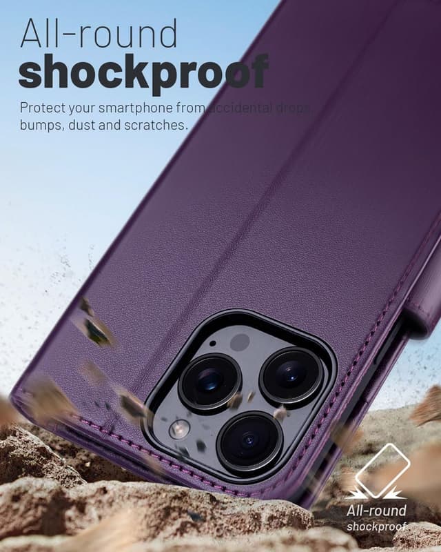 Detalle 2 de OCASE iPhone 16 Pro Hülle mit Kartenfach, Standfunktion & RFID-Schutz (PU-Leder, dunkelviolett)