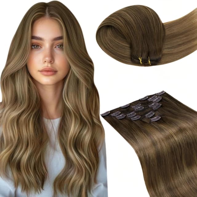 Detalle de LaaVoo Clip-in Echthaar Extensions 55 cm, 120 g (7-teilig) aschiges Hellbraun mit Beigenuancen