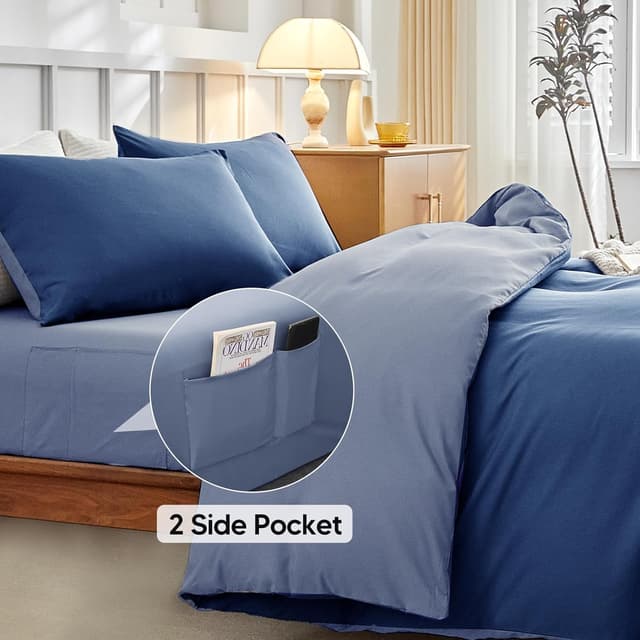 Detalle de Tokokimo Parure de lit 4 pièces en microfibre bleu marine (housse de couette 220x240 + drap housse 160x200 + 2 taies 65x65)