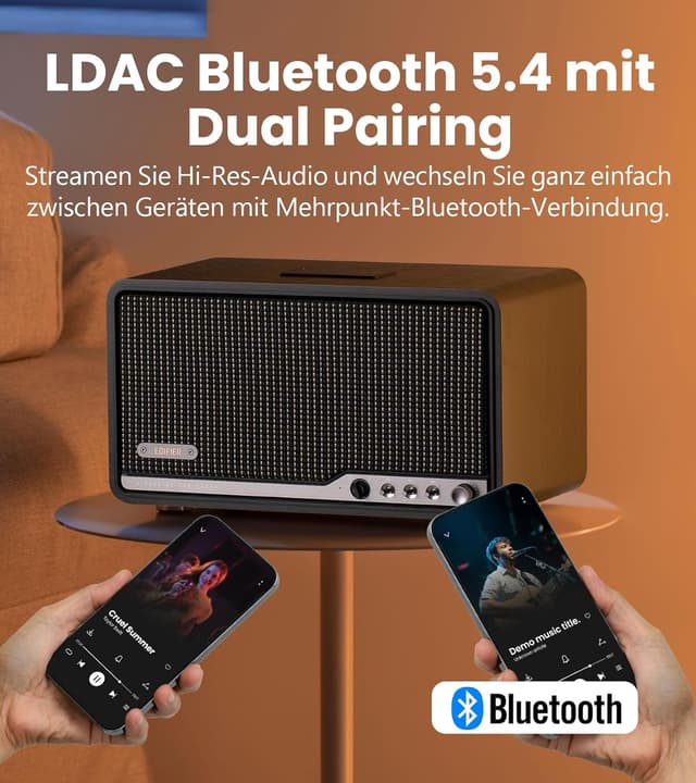 Detalle 2 de Edifier S300 kabelloser Hi‑Fi‑Tischlautsprecher mit AirPlay 2, AirPlay‑Multiroom und Fernbedienung (Retro‑Walnussoptik)