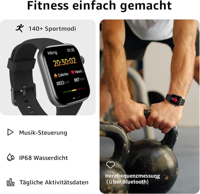 Detalle de AcclaFit Smartwatch für Damen & Herren mit 1,85" HD Touch, Bluetooth-Telefonfunktion, IP68 und Fitness-Tracker