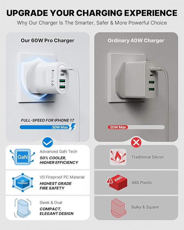 Detalle 2 de 60W 4‑Port USB C Plug Fast Charge