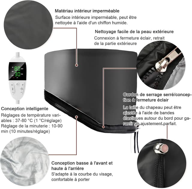 Detalle de Biutee casque chauffant à vapeur pour soins capillaires (bonnet électrique) – noir