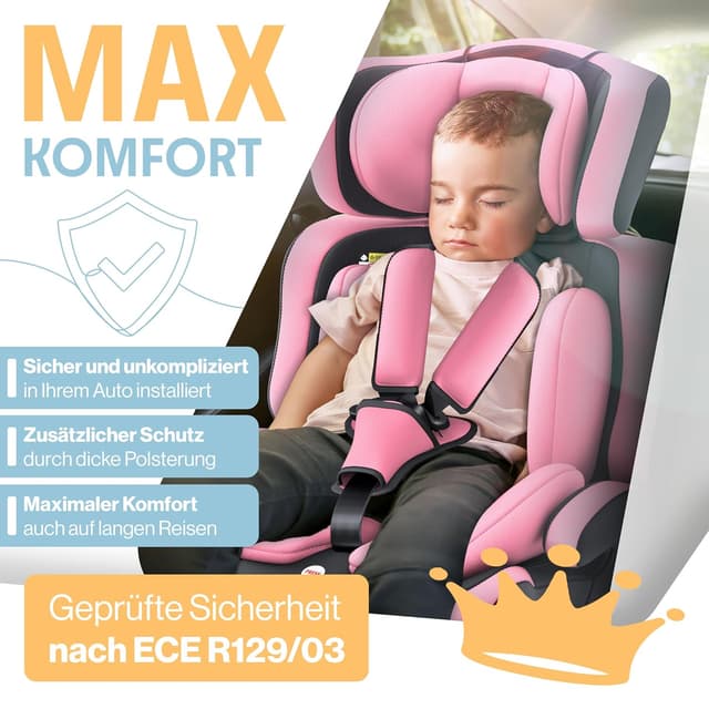Detalle de KIDIZ Autokindersitz i-Size R129 100–150 cm (bis 12 Jahre), Autokindersitz Gruppe 1/2/3 ohne ISOFIX – Rosa
