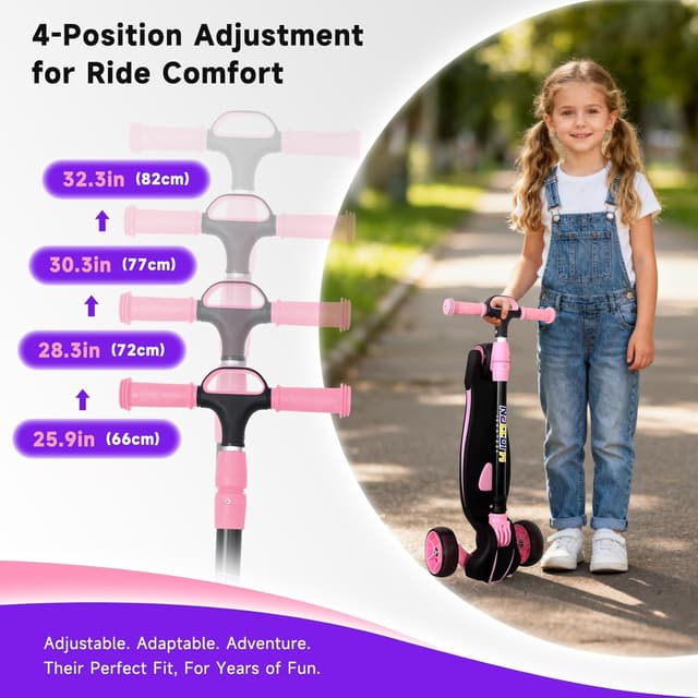Detalle de Nattork Kids Scooter (Age 3–8) with Light-Up 3 Wheels, Foldable Design, Adjustable Height (26–32 in) and Lean-to-Steer