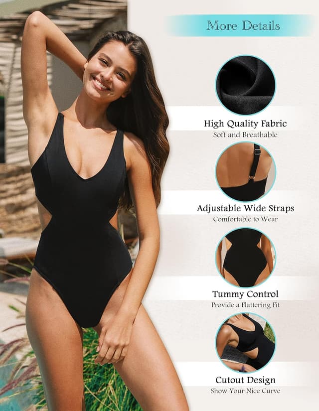 Detalle de YAKISWIIM einteiliger Damen-Badeanzug mit Cut-Out-Monokini und tiefem V-Ausschnitt