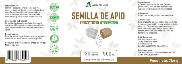 Detalle de Alzuro Labs Extrait de graines de céleri 500 mg (10:1) – 120 gélules végétaliennes