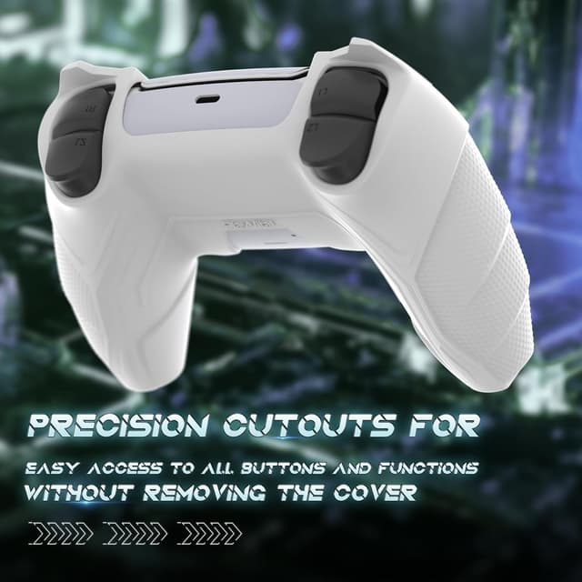 Detalle de PlayVital Mecha Rhino Silicone Cover for PS5 Controller (White & Light Violet) with Thumb Grips & Stickers